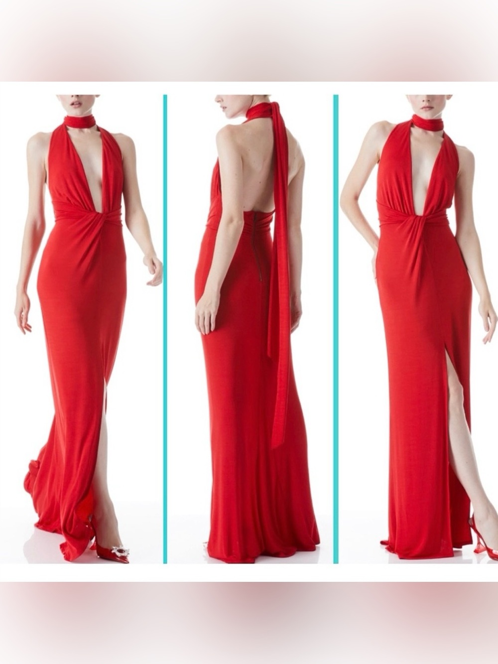 NWT Alice + Olivia Resse Perfect Ruby Red Plunge Gown Stretch Dress 0